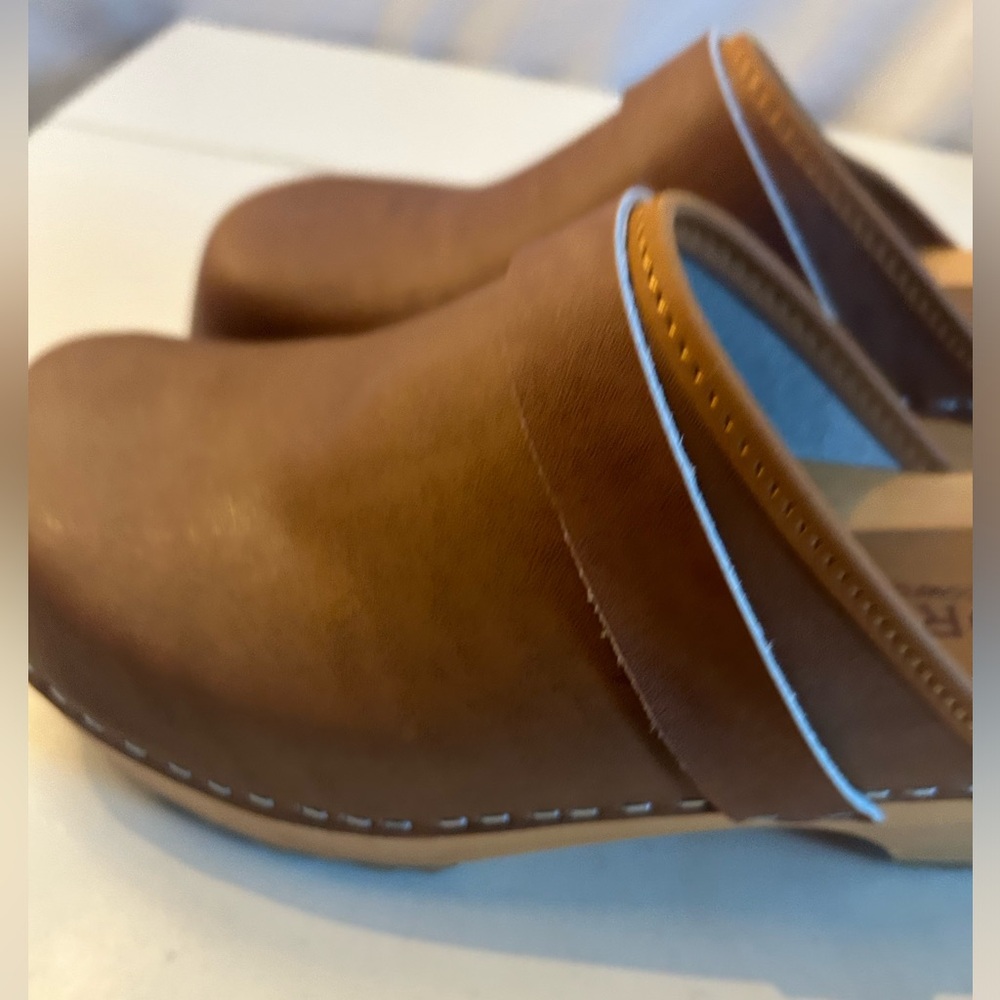 BJORK Maja Brown Leather Mule Clog with Wooden Sole Open Back Sz 39  8-8.5 - Picture 3 of 16